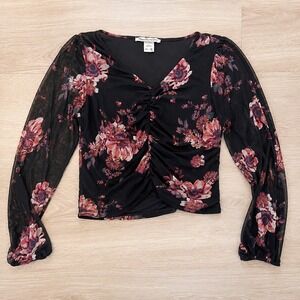 American Rag Cie Womens Floral Mesh Ruched V-Neck Long Sleeve Top Black Large